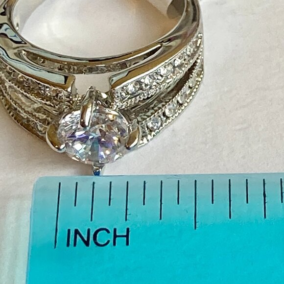Vintage Silver Cubic Zirconia Cocktail Engagement Ring Size 6 7 8 9 RhodiumPlate - Picture 14 of 15
